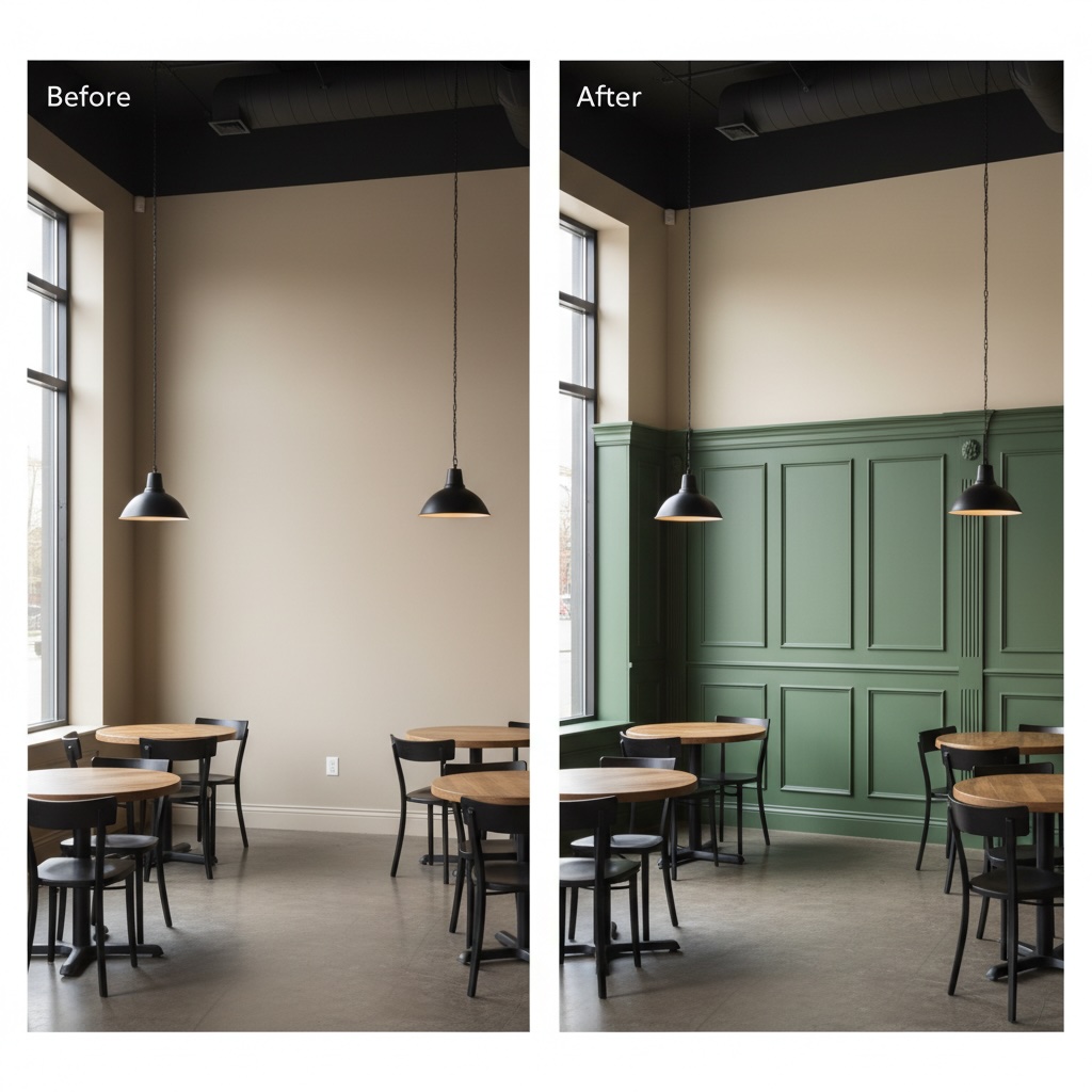 Before and After: Retail space transformation with white wainscoting half wall paneling in Somers