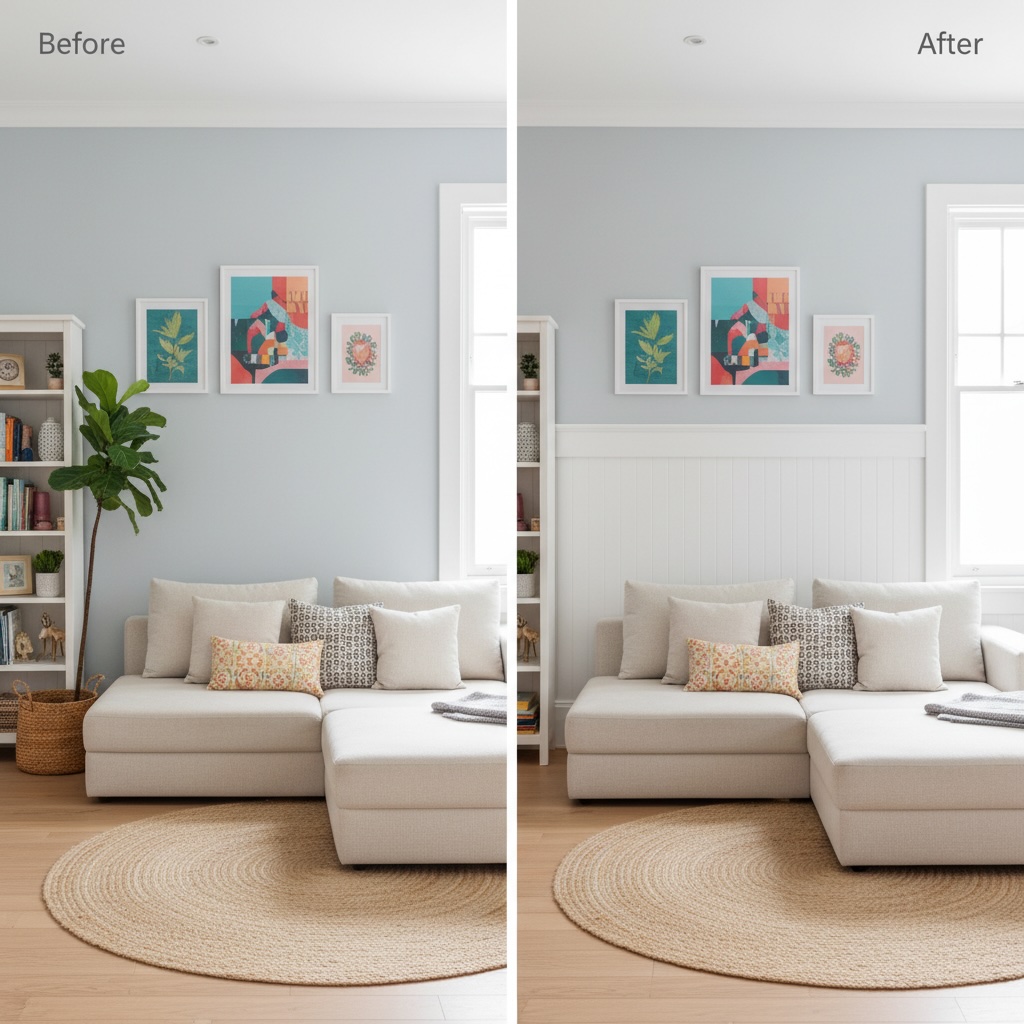 Before and After: Living room transformation with white vertical board and batten half wall paneling in Sorrento